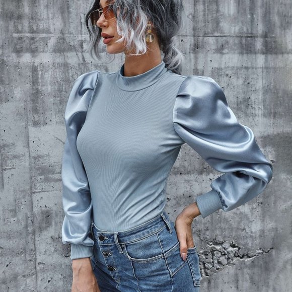 MODA ME COUTURE Tops - Modern Girl Blue Blouse top with Satin Sleeve